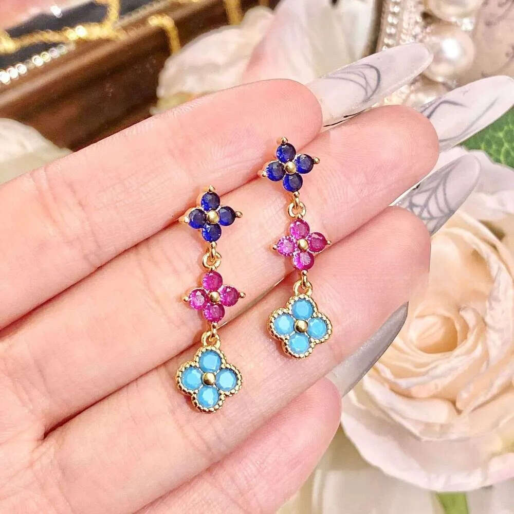 INS Luxury jewelry designer necklace Dopamine Four-Leaf Clover Necklace French Layered Collarbone Chain Colorful Earrings Inlaid Diamond Bracelet Set - view 8