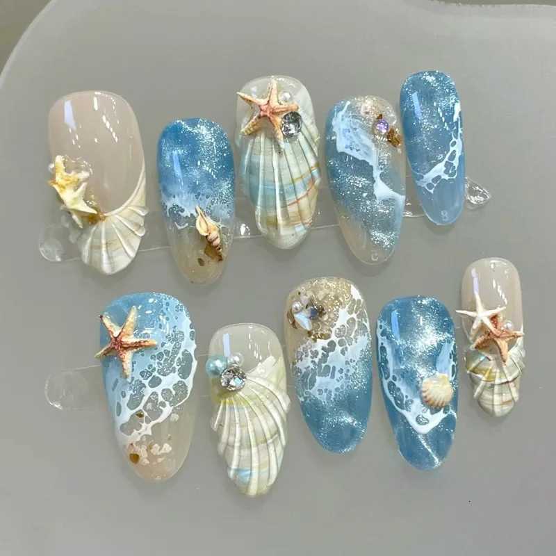 24Pcs 3D Shell Starfish French False Nails Press on Mid-length Almond Pearlescent Design Fake Nails Wearable Full Cover Nail TipT251118T251119