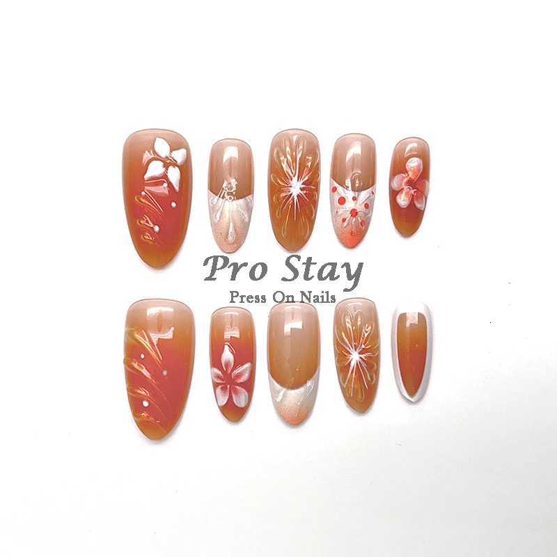 10pcs Pink Almond French Handmade Press on Nail with Silver 3D Pearl Bow Flower Pattern Reusable Full Cover Tips for WomenT251118T251119