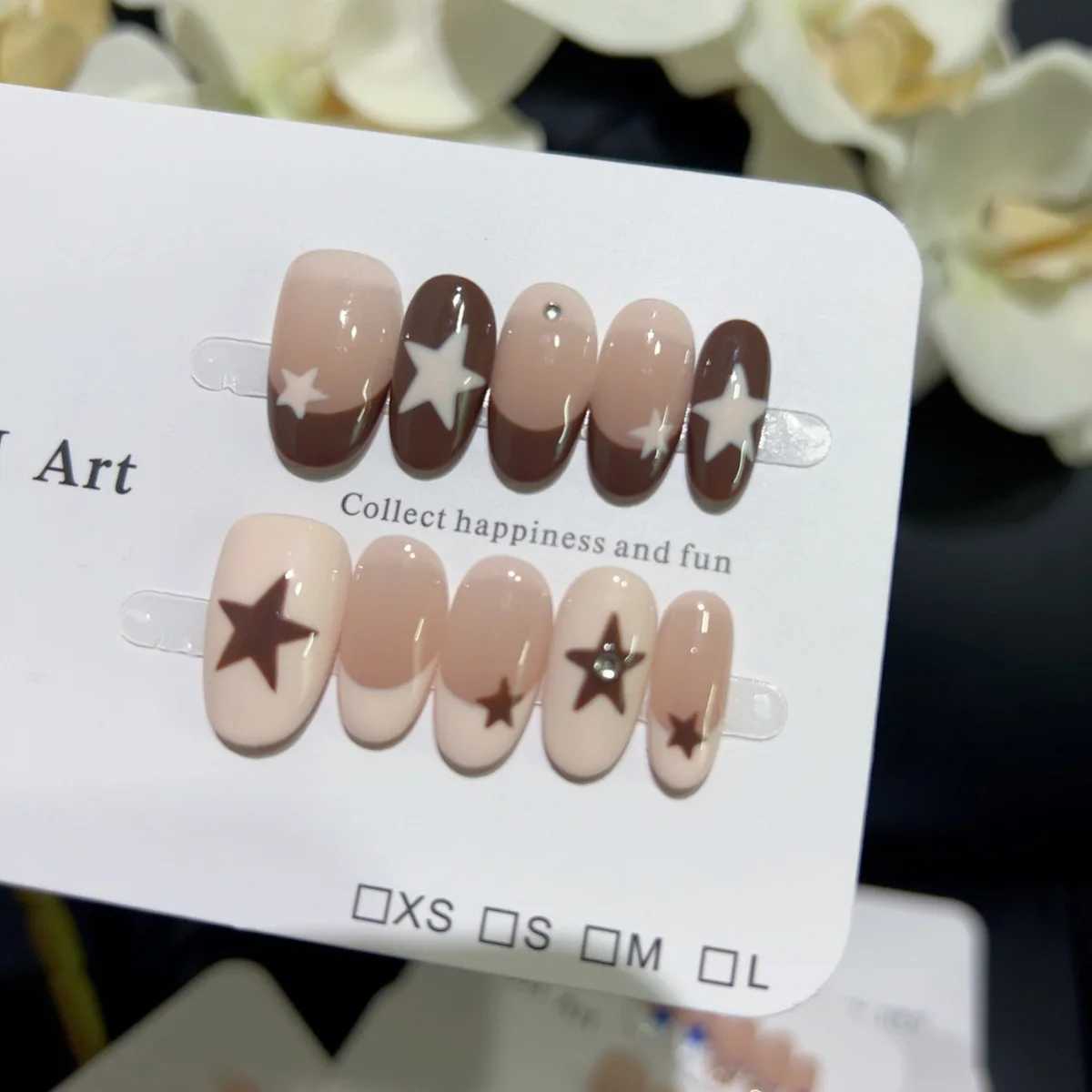 10pcs Handmade French Short Press On Nails Milk Coffee Color Star Design Y2K Fake Nail Wearable Nail Art Tips for GirlsT251118T251119