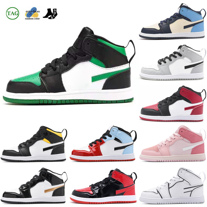 kids 1 high OG sports shoes 1s mid chicago royal toe black metallic gold pine green black UNC Patent Children Sneakers trainers