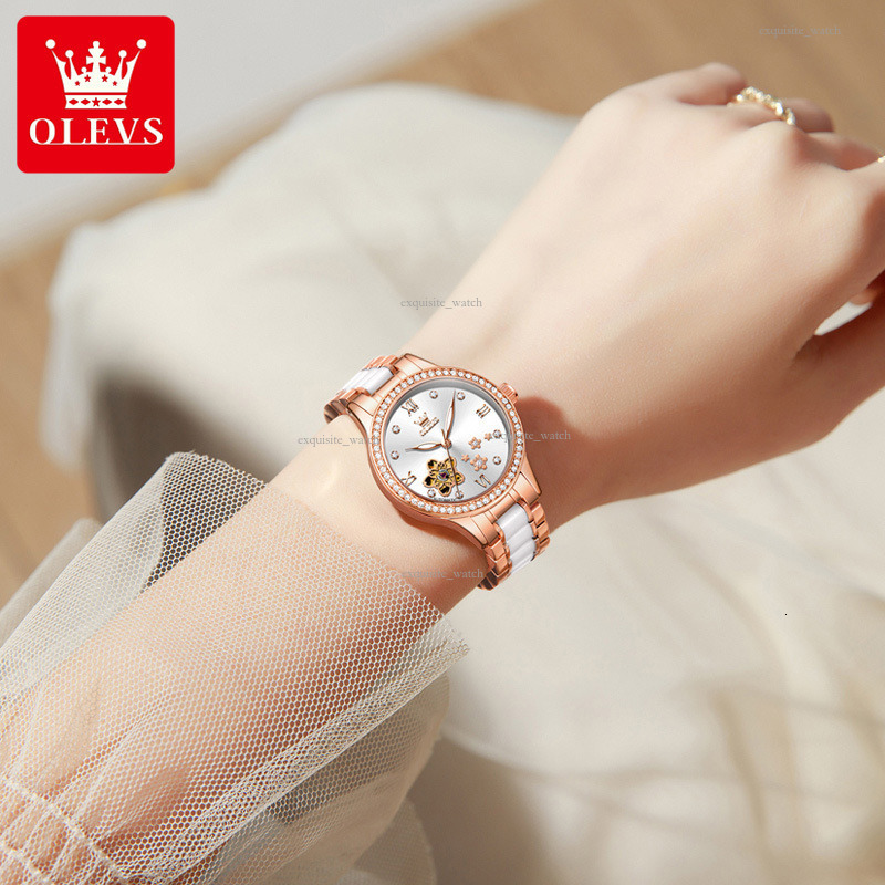 OLEVS Brand Designer Women's Watch New Petal Hollow Ceramic Waterproof Mechanical Watch Outdoor Luxury Casual Sexy Women's Watch