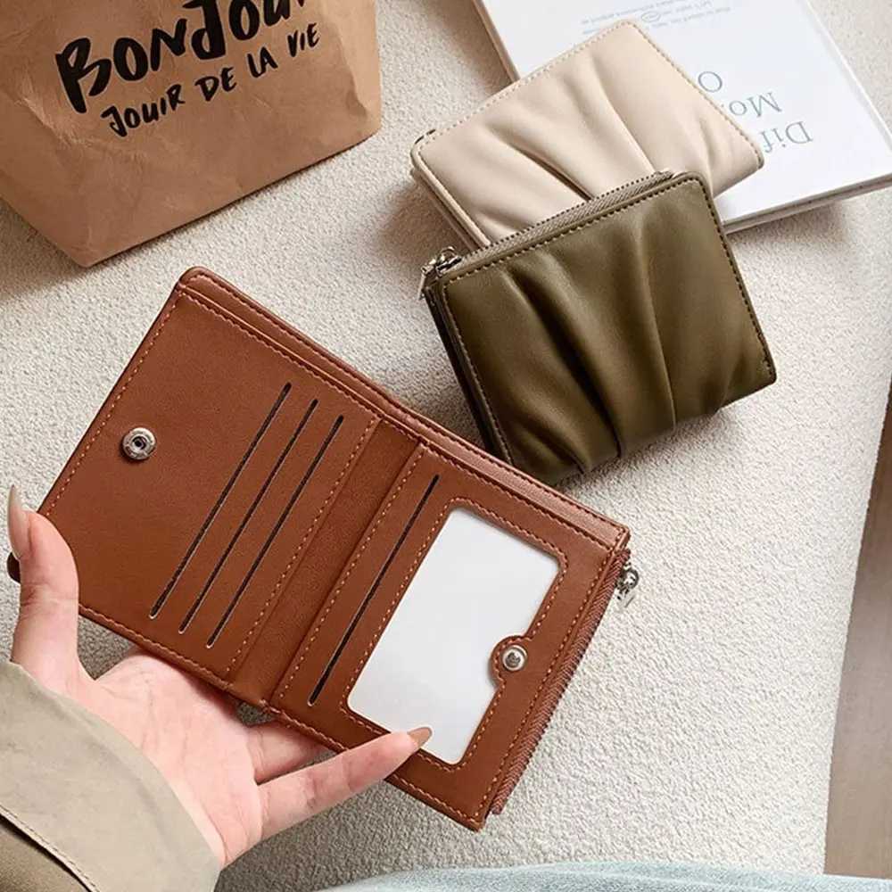 Trendy PU Leather Women Wallets Solid Color Wrinkled Female Purses Portable Card HoldersT251119