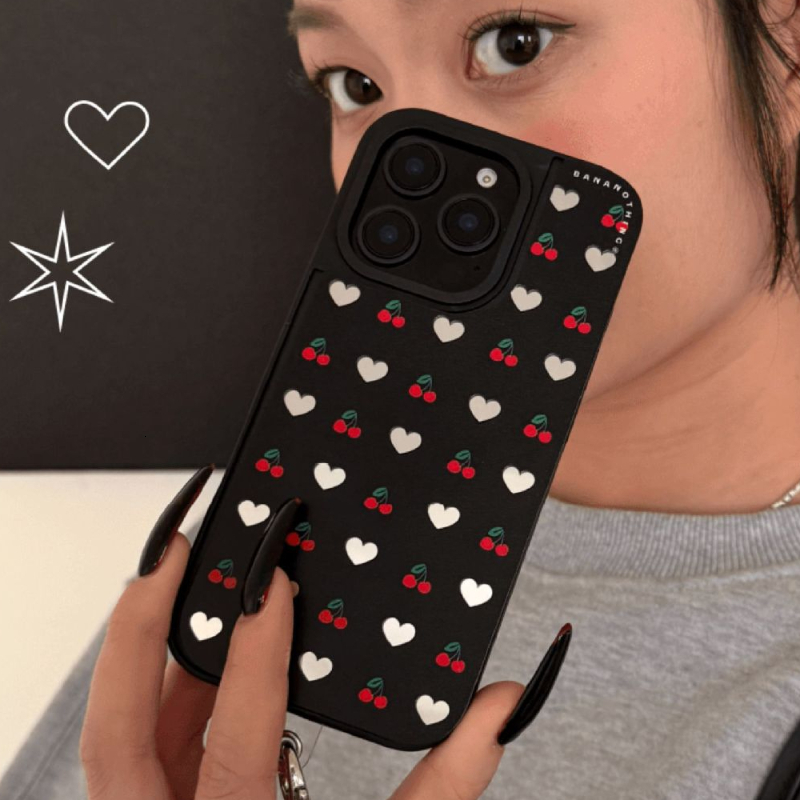 Heart Cherry Phone Case Compatible with iPhone 17 Pro Max Fresh Minimalist Mirror Hollow Shockproof Protective Case