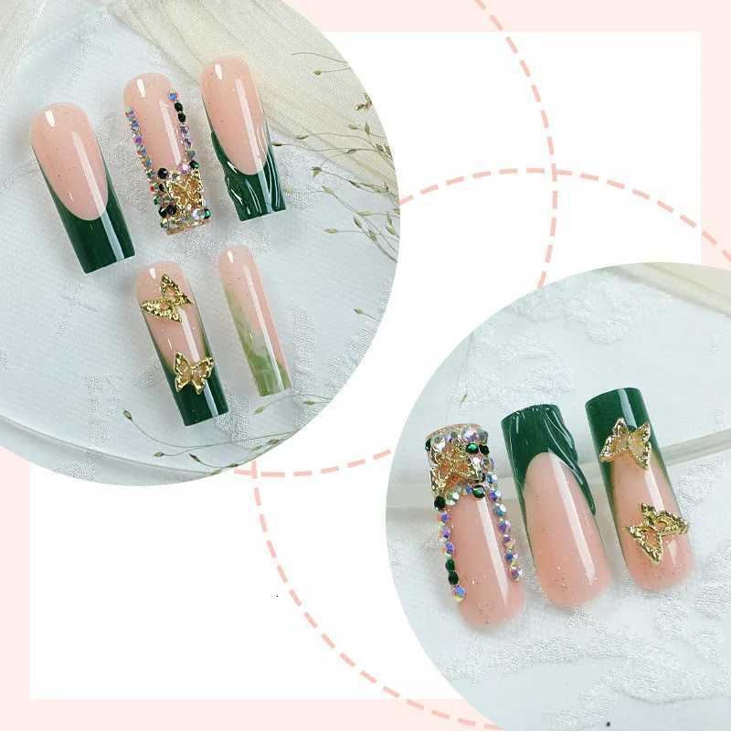 1Sets Long Butterfly French Press On Nails With Sparkling Diamond Decor Green And Pink False Nail Tips Wearable Sweet Fake NailsT251118T251119