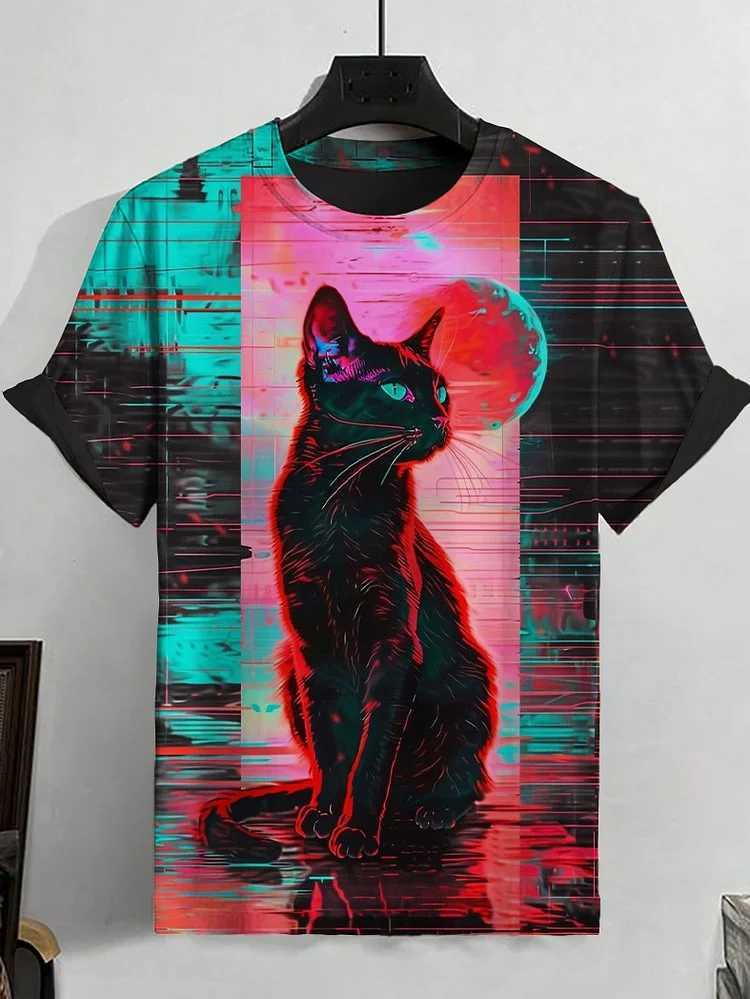 2025 mens T-shirt cartoon laser cat dinosaur art 3D printing T-shirt mens short sleeved O-neck T-shirt casual street Y2k topW250419