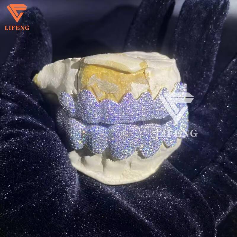 Customizable S925 Sterling Silver VVS Moissanite Teeth Grillz 8Top 8Down Hip Hop Style Iced Jewelry Moissanite Pendants Charms