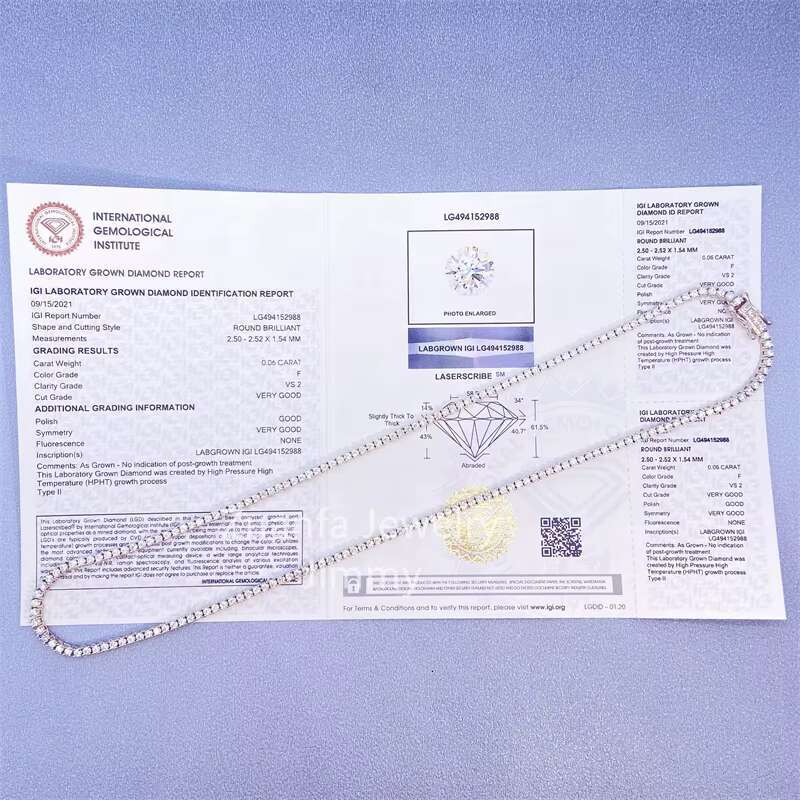IGI Certificates Lab Grown Diamond HPHT VS-SI 10K Gold About 2mm 2.5mm Tennis Chain Necklace
