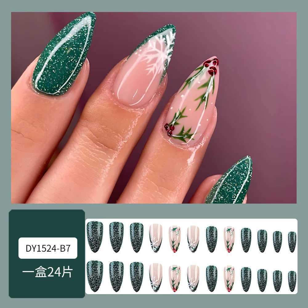 24pcs Christmas Press on Nails Green Tree Christmas False Nails Reusable Acrylic Fake Nails French Almond Nail CharmT251118T251119