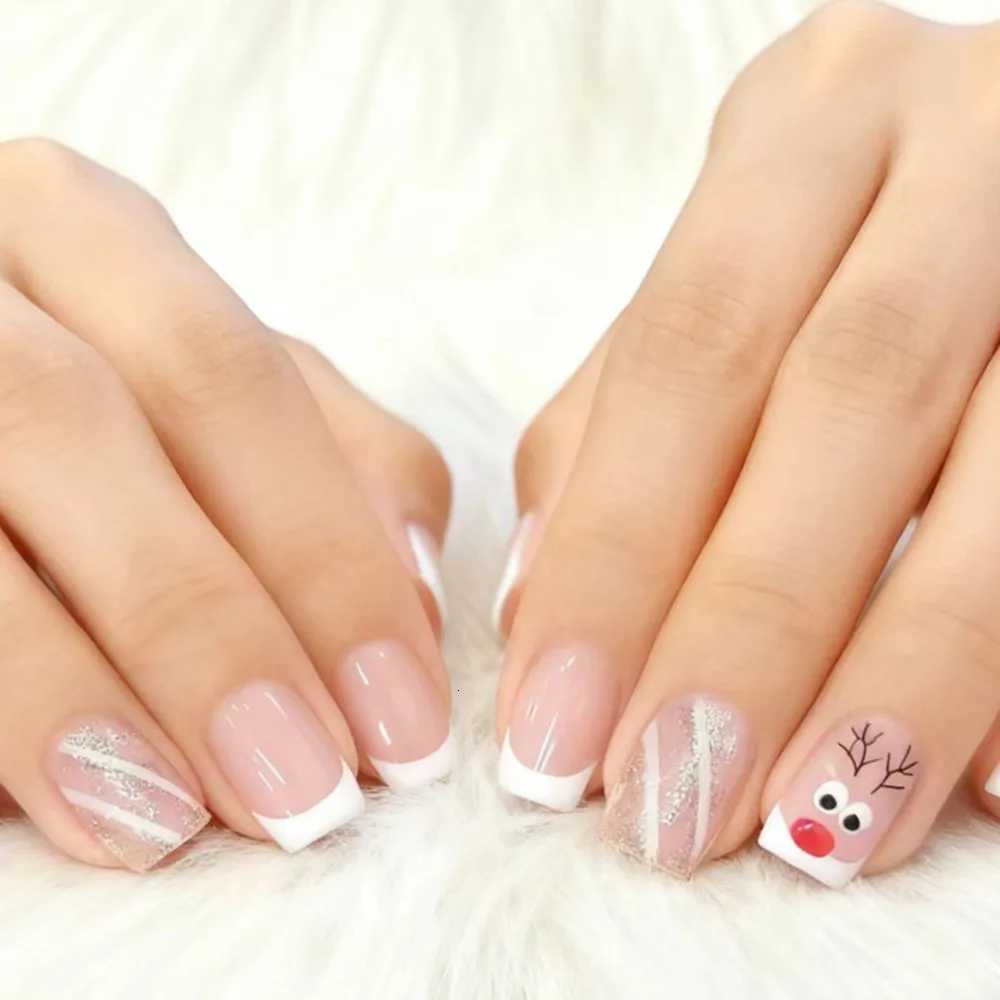 Christmas French Fake Nails With Glue For Woman Acrylic Natural Press On False Nails DIY Finger Manicure AccessoryT251118T251119