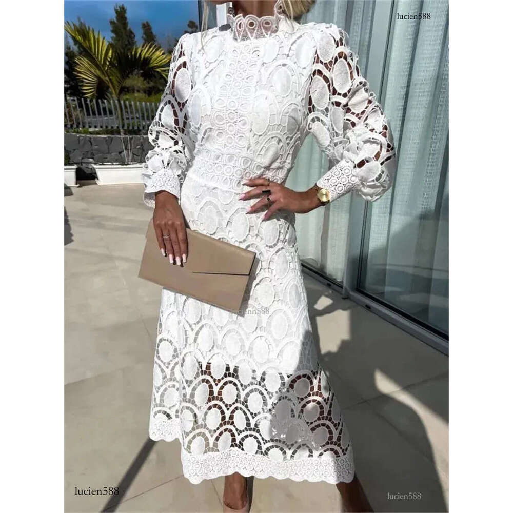 Women Fashion Dress Long Sleeved Lace Splicing Crochet embroidery Solid Color Hollowed out A Ling Long Dress 240715