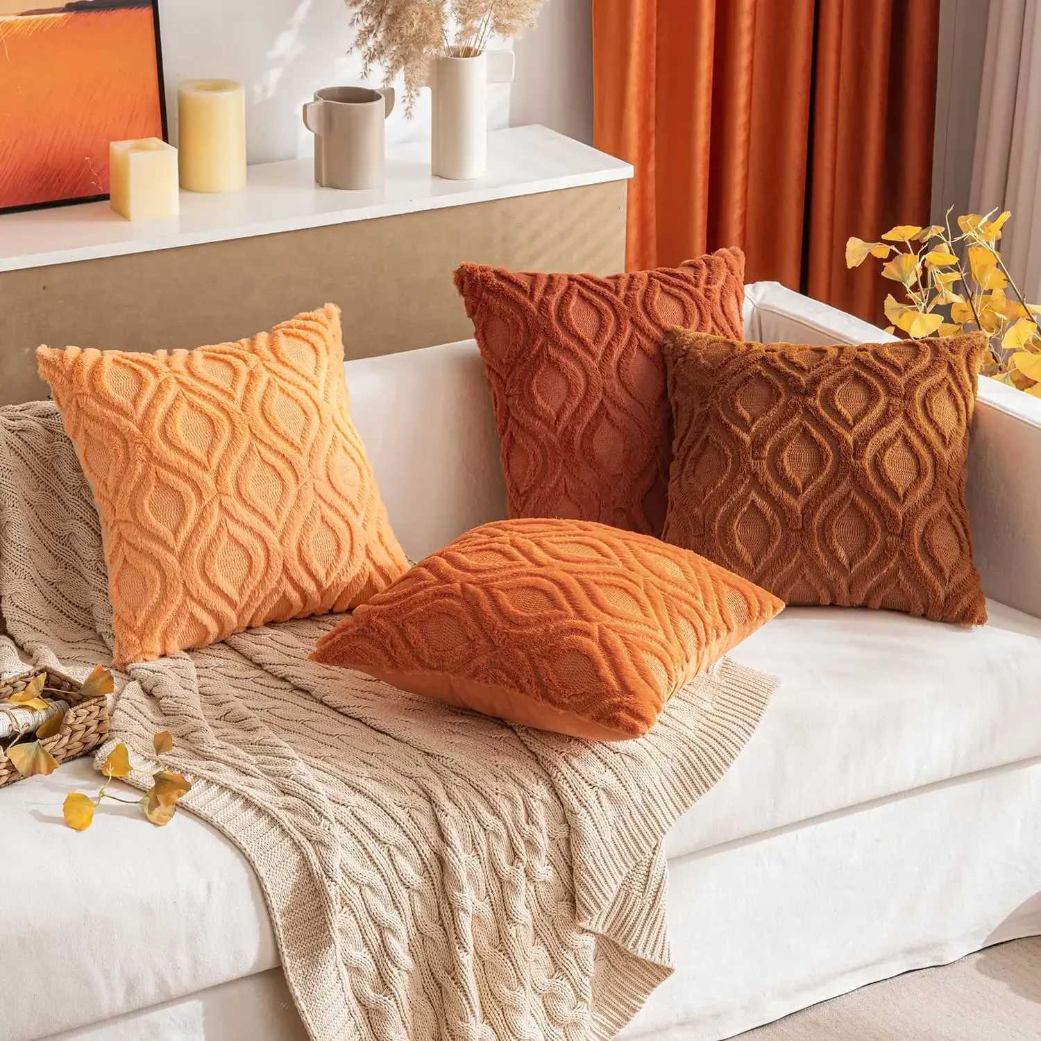 Fall Rust Orange Throw Covers 45x45CM Soft Plush Faux Wool Couch Cushion Cover Boho Throw for Sofa Living Room BedM251119