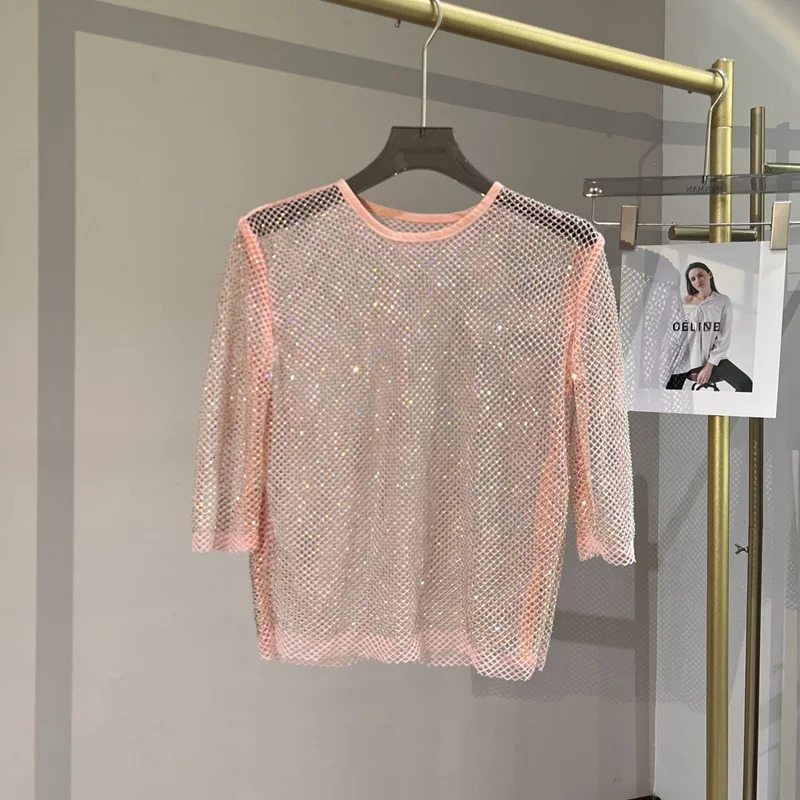 Mesh Diamonds Crystal Short Top Diamonds Super Fairy Inner Party Unlined Shiny Hollow Out Bottom Shirt 250415