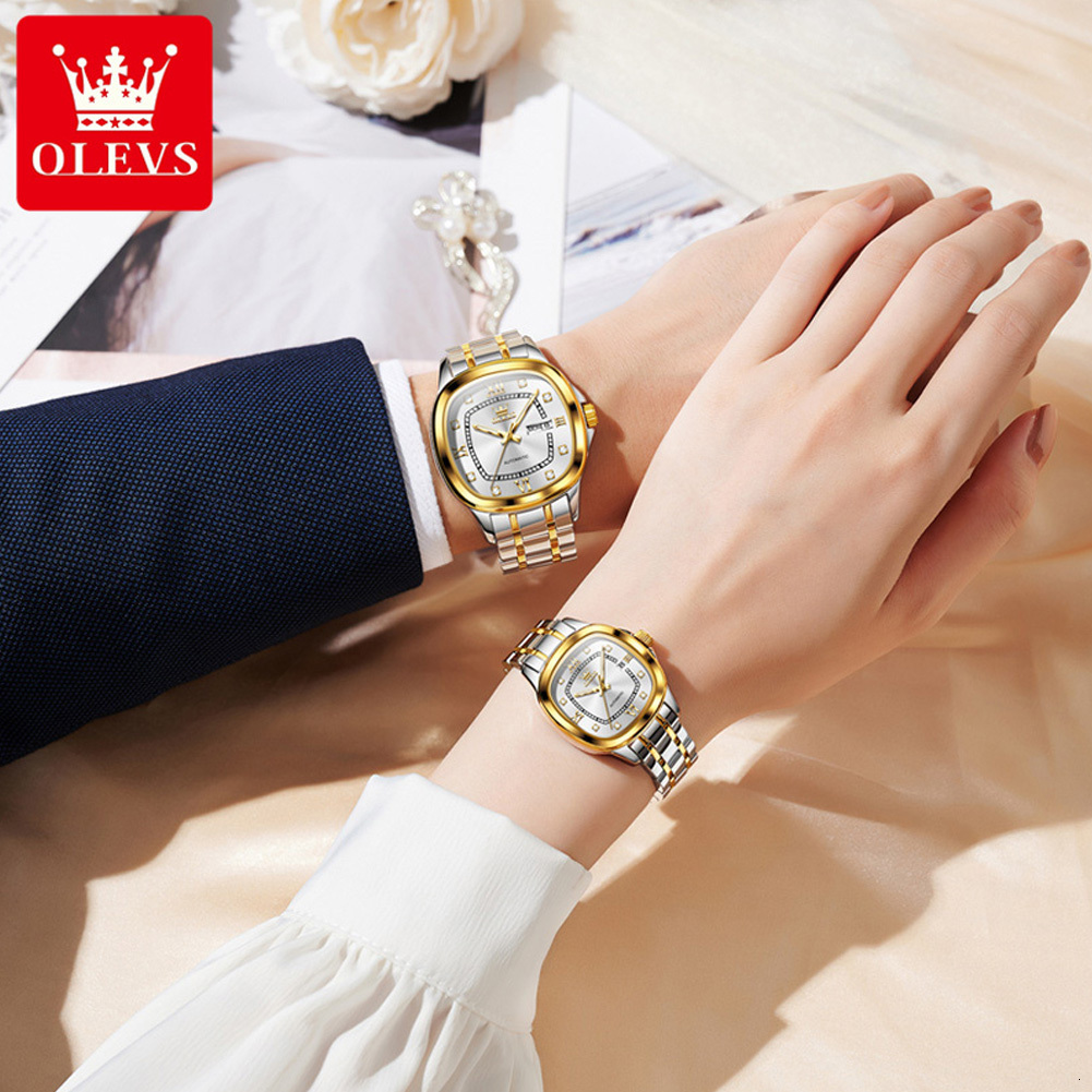 OLEVS Designer Automatic Mechanical Watch Wine Barrel Square Steel Band Calendar Women's Waterproof Luminous Luxury Men's Wristwatch Free Sh