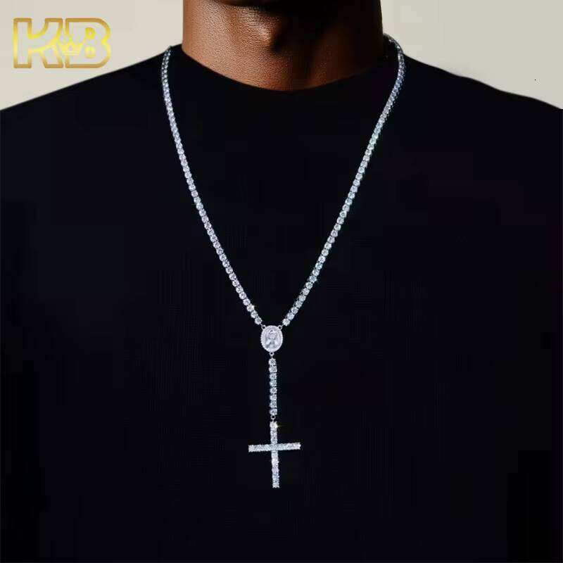 Luxurious Pure Sier Hip-Hop Rosary Necklace 4mm VVS Moissanite Unisex Cross Pendant Chain| Chilled Jewelry