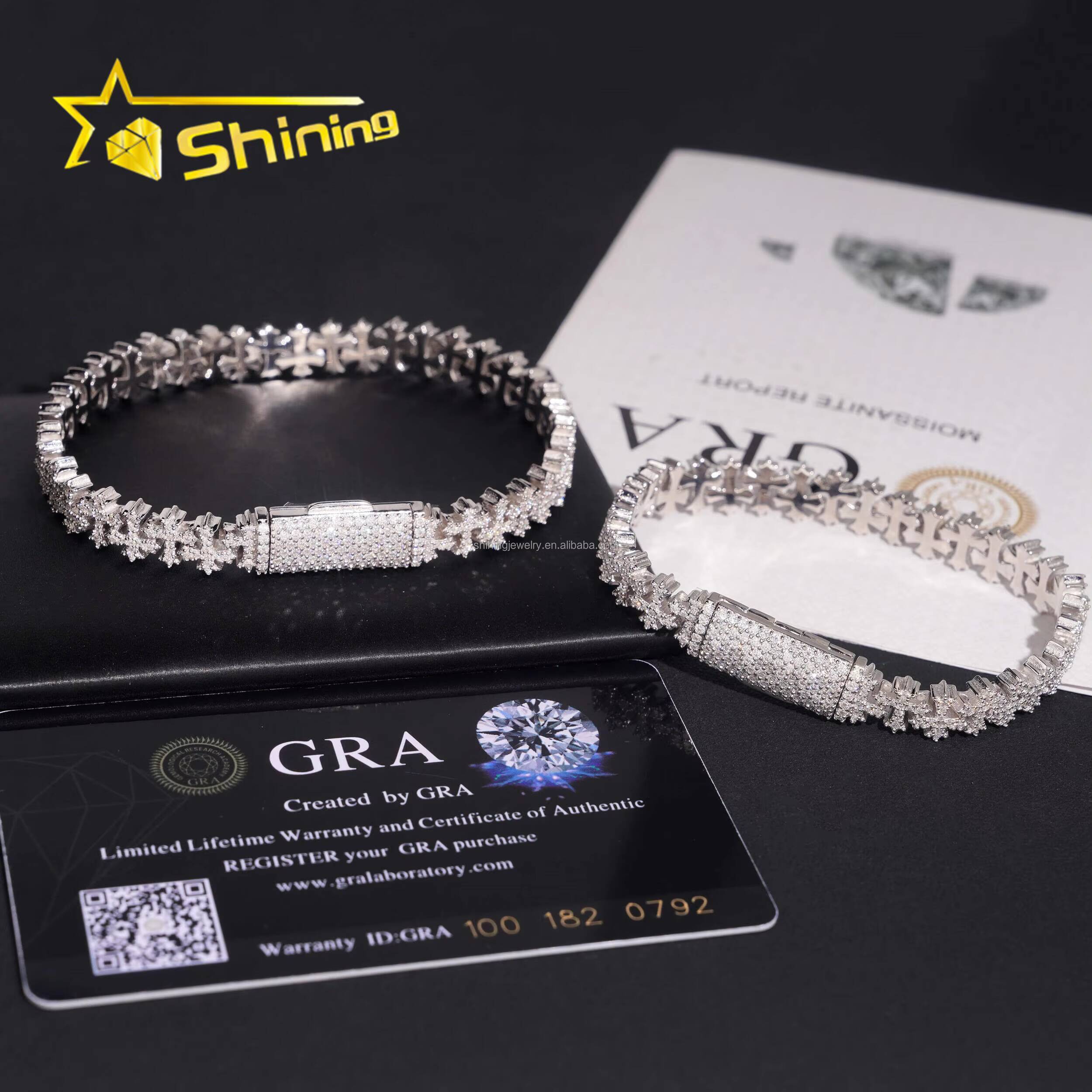 Pass Diamond Tester Luxury Jewelry Hip Hop VVS1 Moissanite Diamond Iced Out GRA Certificate S925 Silver Cuban Cross Bracelet