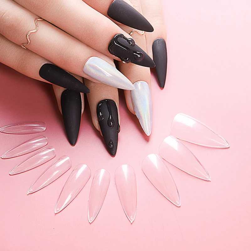 500pcs/lot Long Almond Clear ABS Nails Full Cover Stiletto Pointy False Tips Artificial Acrylic Nail Tips For Nail SalonT251118T251119