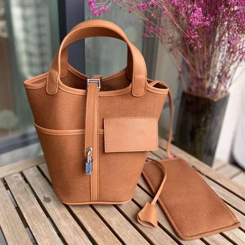New Style Genuine Leather Cargo Basket Pocket Handheld Bucket Bag Swift Top Layer Picotincanva PatBagswork Design