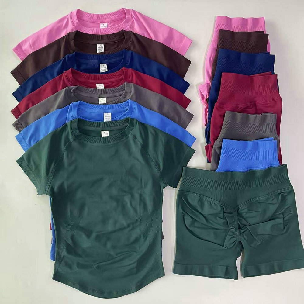 2 Pieces Women Sport Set Longline Short Sleeve Top Yoga T-shirt Crop Top Gym Clothes Seamless Design 4.5" Leg Length Low Ribbed Band Short