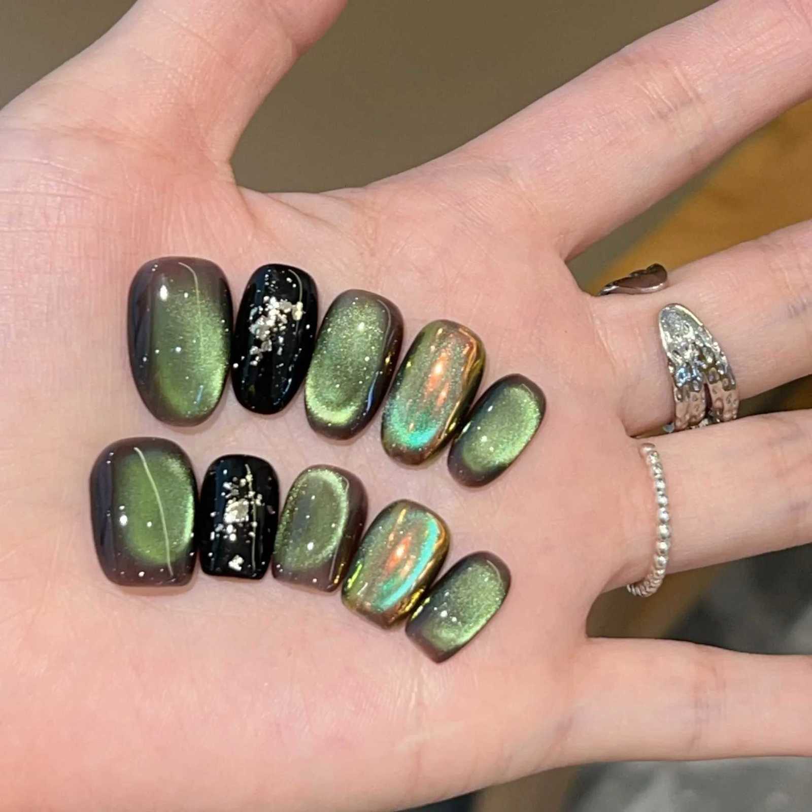 10pc Handmade Press on Nails Green Glass Bead Cats Eye Aurora Pink False Nail for WomenGirl Short Removable Wearable Fake NailT251118T251119