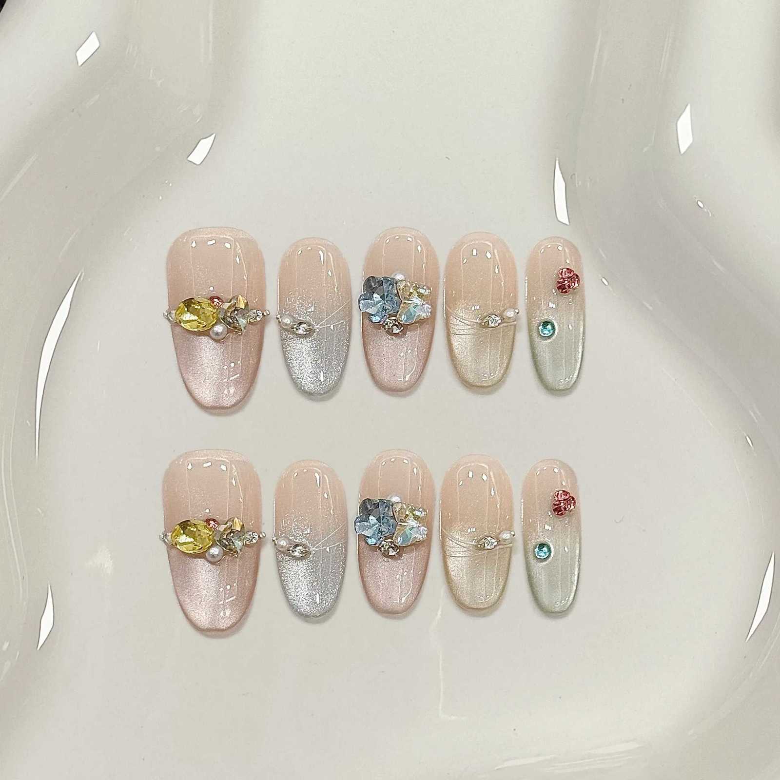 10pcs Blue Cat Eye Almond Handmade Press on Nails 3D Butterfly Fake Nails False Nail Artificial Nail Uas T251118T251119