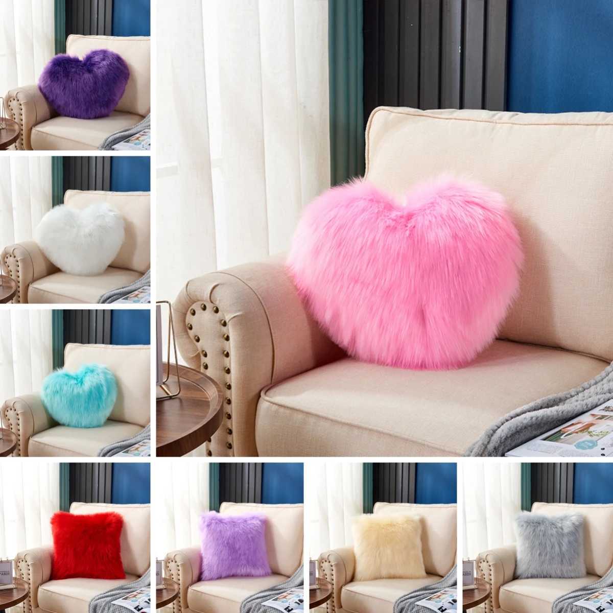1pc Heart/Square Shaped Throw Cushion Long Plush Cushion Pad Fluffy Soft Comfortable For RoomM251119
