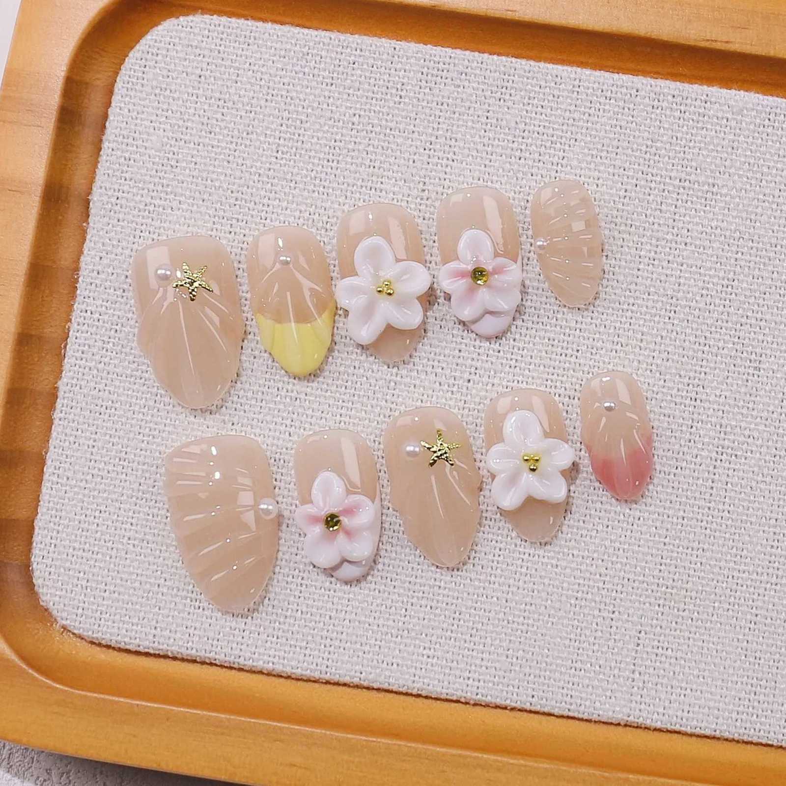 10Pcs 3D Flower Almond Handmade Press on Nails Fake Nails Wearable Stick-on Nails False Nail Uas Postizas T251118T251119
