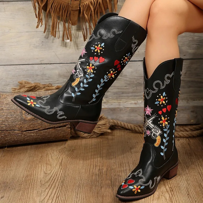 Womens Fashion Embroidered High Heels Western Cowboy Boots Womens Thick High Heels Ethnic Corner Leather Boots 250418