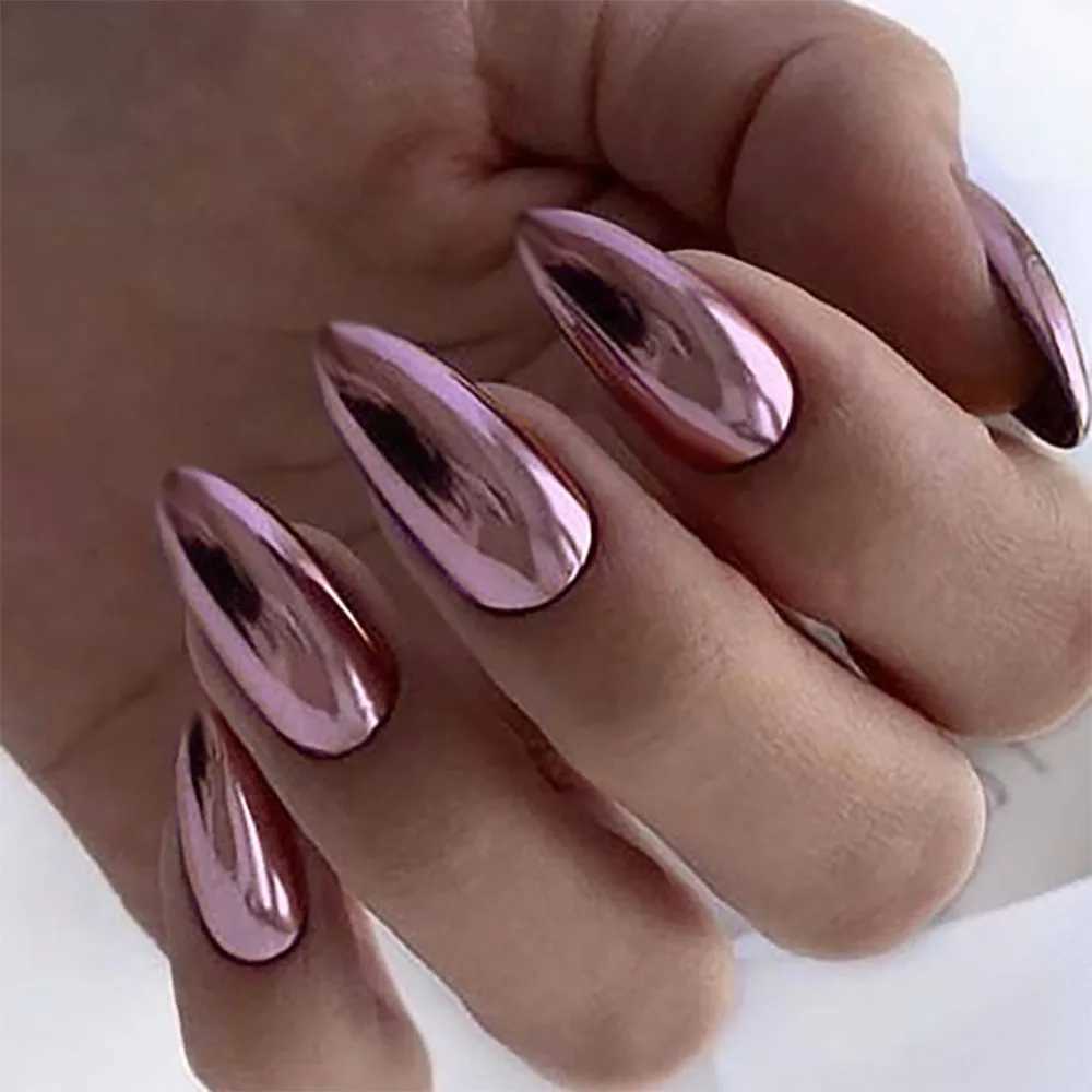 24pc/set Medium almond fake nails metallic mirror red black purple blue golden tips faux ongles y2k press on acylic false nailT251118T251119