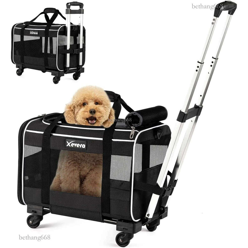 Xevera Cat Dog Carrier with Wheels Airline Approved Rolling Pet Carrier with Telescopic Handle, Shoulder Strap and Pet Bowl