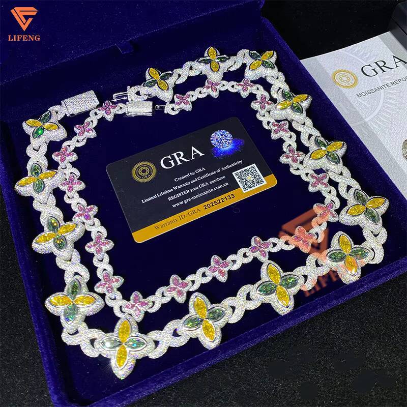 Top Quality Moissanite Infinity Marquise 925 Silver Hip Hop Jewelry Iced Out Chain Cuban Link Chain Colored Moissanite Necklace