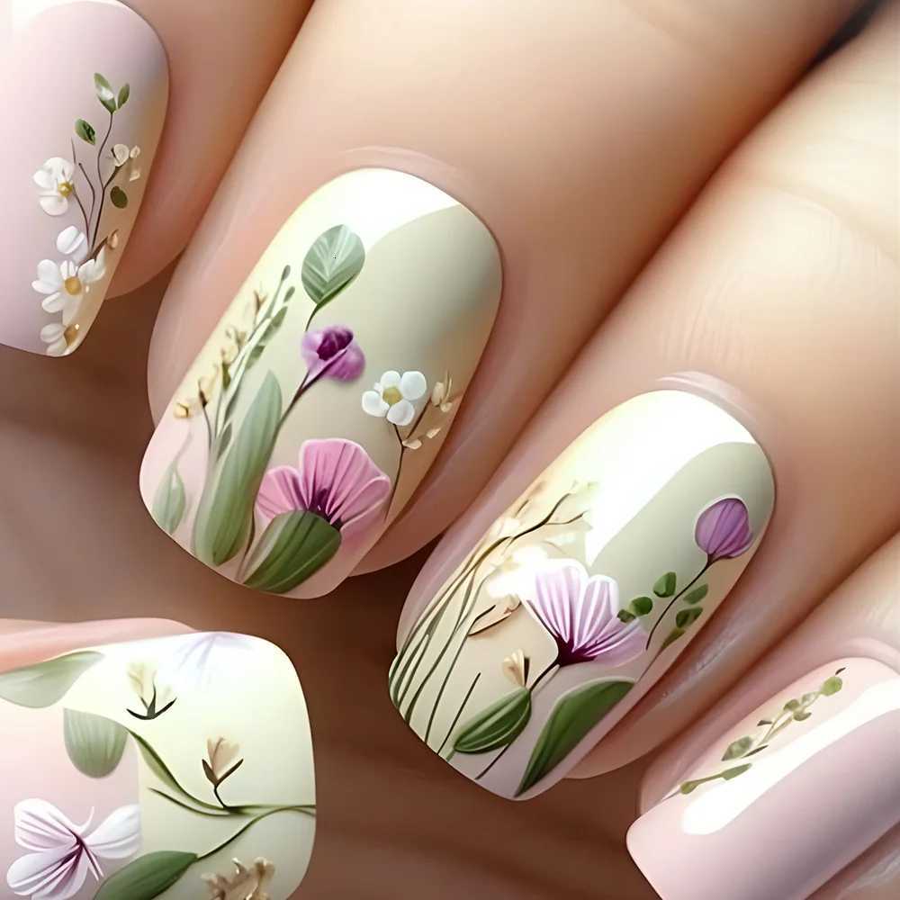 24pcs/set Floral Pattern Press-On Nail Set Mixed Color Ballet Shape Medium Length Simple Sweet Elegant Luxury Style Fake NailsT251118T251119