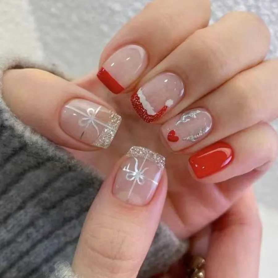 24pcs Shiny Powder Full Cover Nail Art French Red Short Square Fake Nails Christmas Snowflake False Nail Reusable Press on NailsT251118T251119