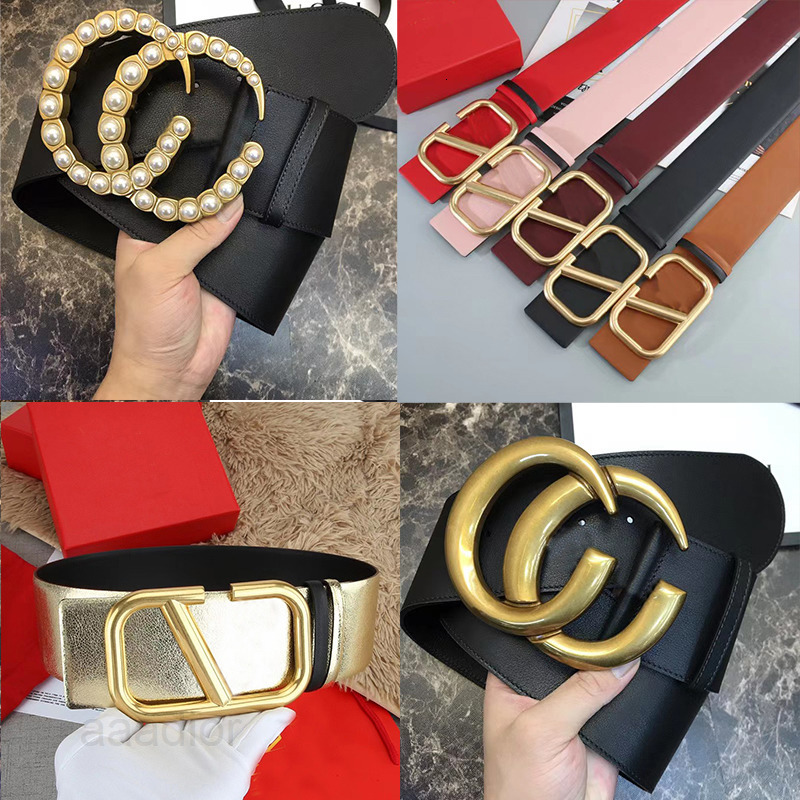 Luxury Designer Leather Belt with Gold Metal Buckle for Women and Men Wide Fashion Elegant Pearl Detailing guccis Valentinos Top Quality Craftsmanship