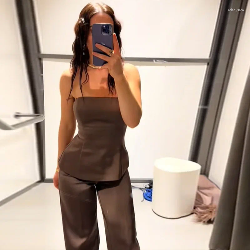 Women's Two Piece Pants Sexy Brown Satin Straight Suit Women Fashion Strapless Backless Slim Fit Vest Sets Summer Autumn Lady Commuting