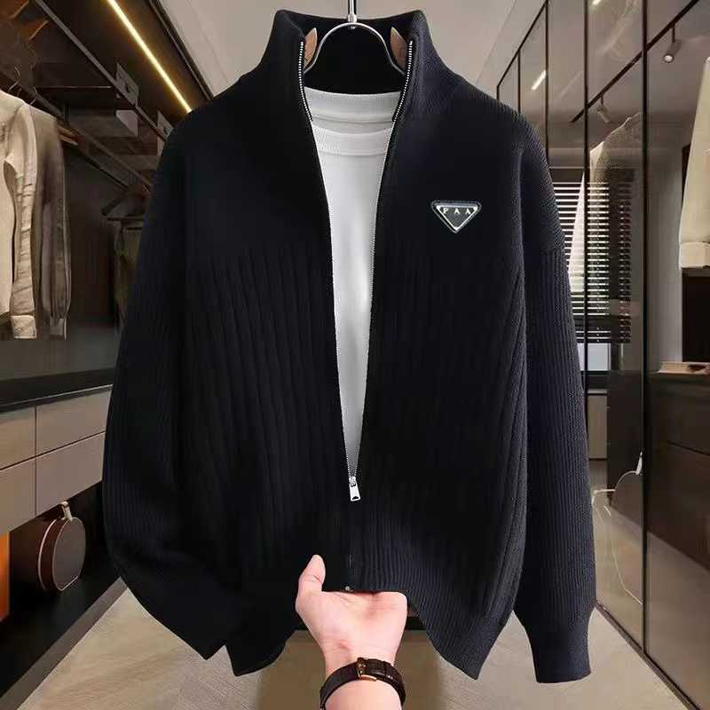 Men's knitted cardigan jacket solid color striped stand collar zipper sweater autumn and winter new leisure trend high sense jacket M-4XL