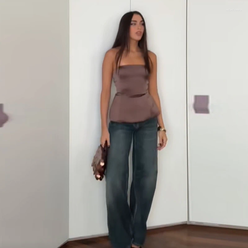 Women's Two Piece Pants Sexy Brown Satin Straight Suit Women Fashion Strapless Backless Slim Fit Vest Sets Summer Autumn Lady Commuting