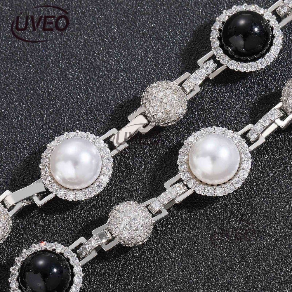 Luxury hip hop micro-inlaid sterling silver ice out VVS Moissanite black and white pearl necklace, men and women's cascading chain Free delivery