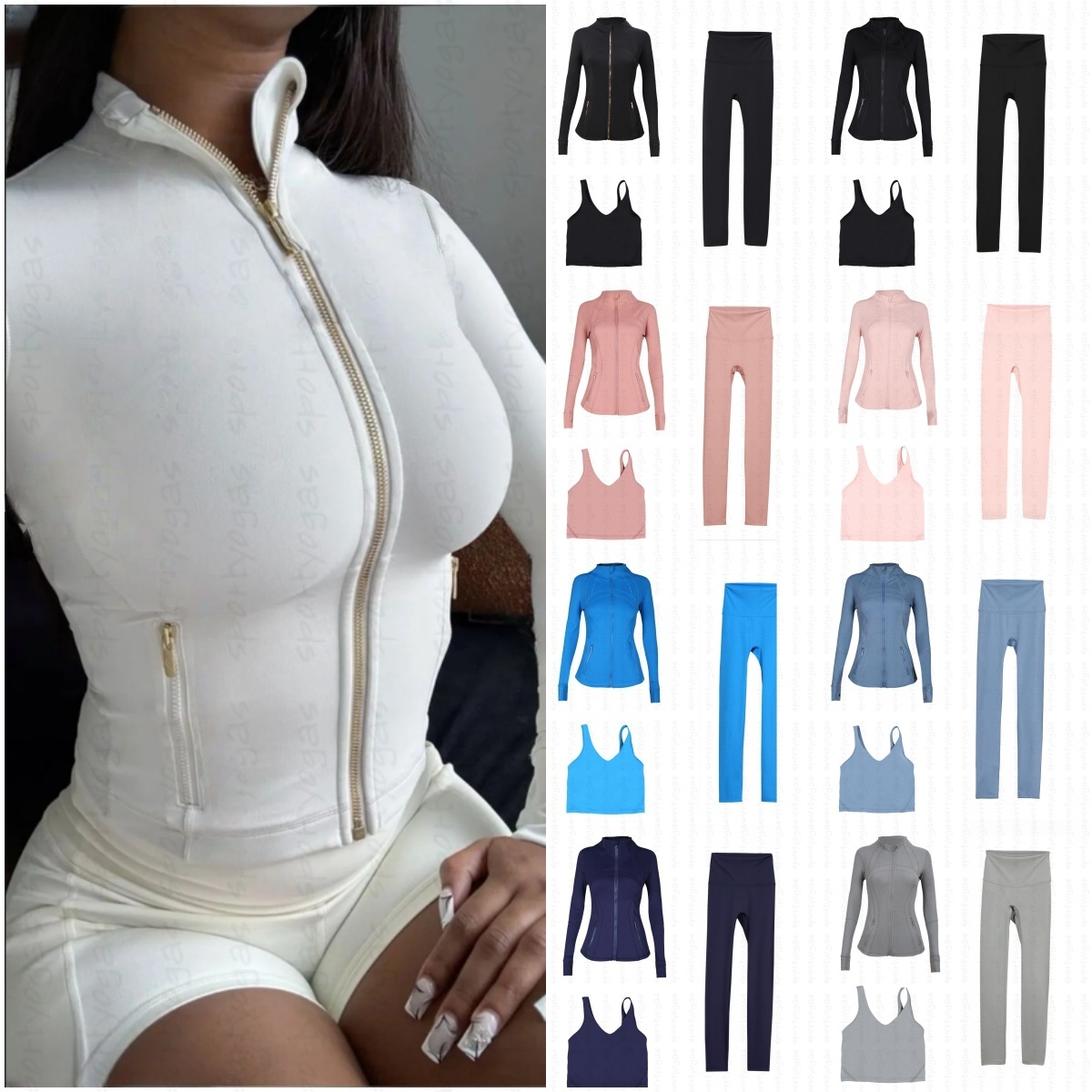 News Workout Set Yoga Jacket set womens Cropped Jacket Black Cream Gold Zipper Leggings Long Sleeve Gym Exposed Sportswear luluity lemonics sets Jakets 3-piece Set