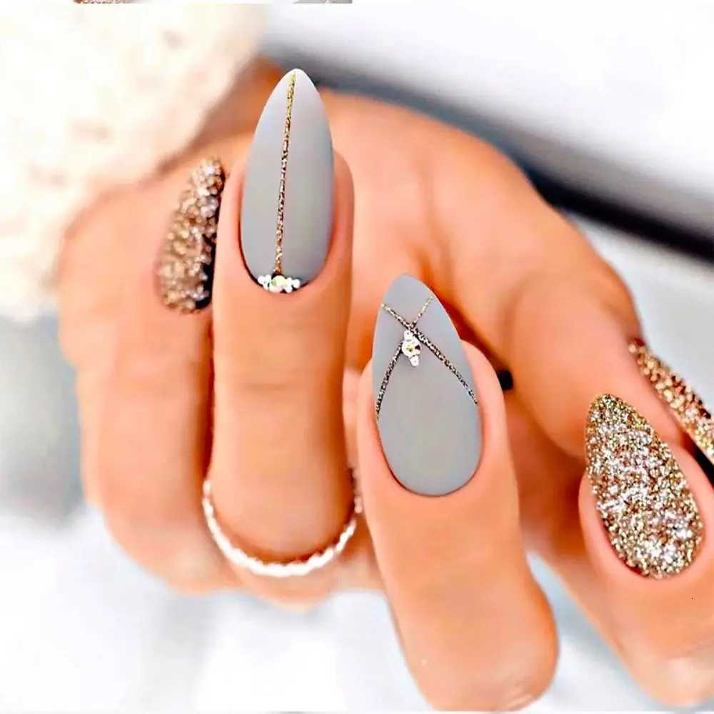 24pcs Detachable Almond French False Nails DIY Glitter Design Press on Nails Fake Nials DIY Manicure Nail TipsT251118T251119