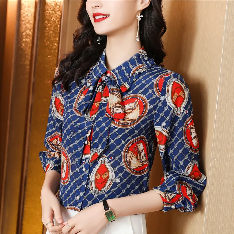 Designer Ladies Shirts Fashion Print Shirt Women Long Sleeve Shirts Women's Silk Blouses