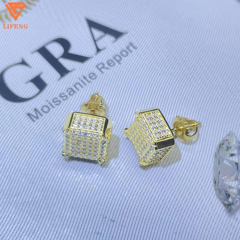 925 Sterling Silver Fine Jewelry Earrings Shiny Square Pleated With Gold Iced Out Moissanite for Men Women