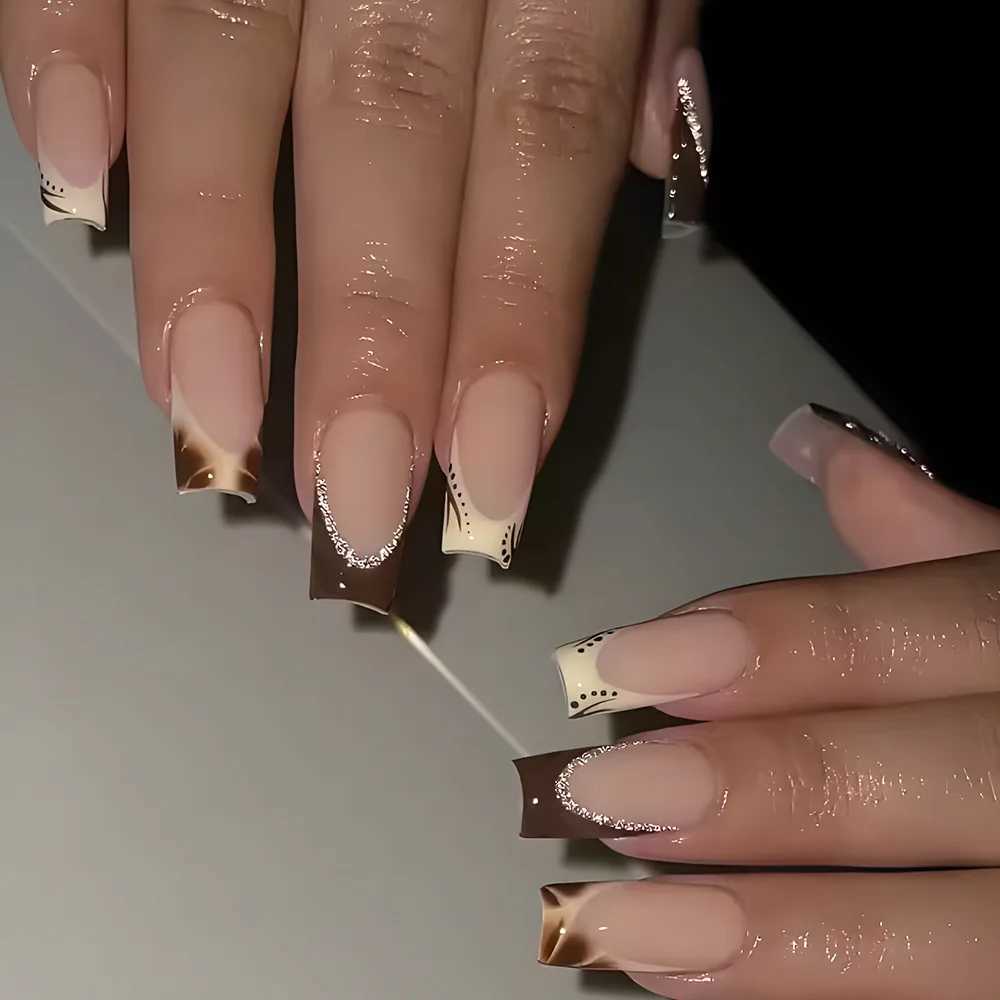 24Pcs Mid-length Square Head Fake Nails Brown French Design Press on False Nails Marble Pattern Detachable Full Cover Nails TipsT251118T251119