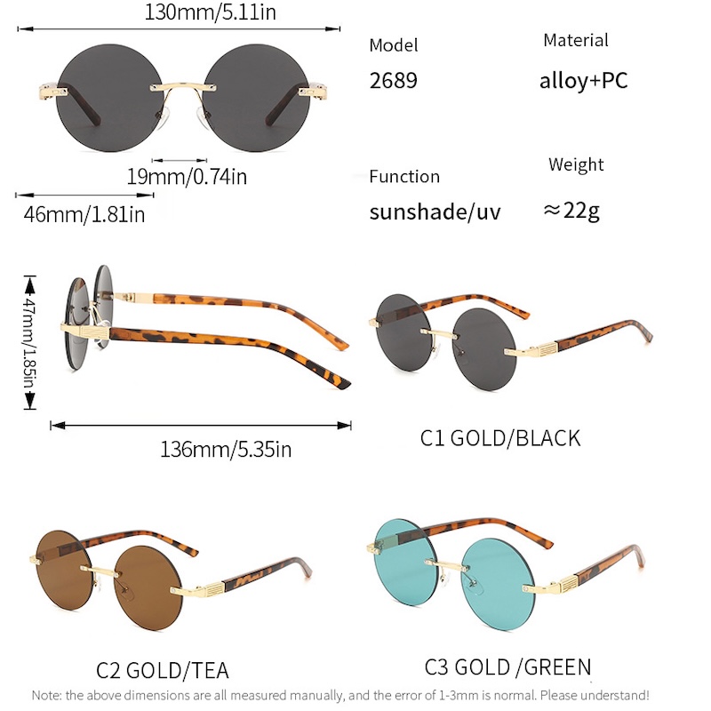 Vintage Round Rimless Sunglasses Men Women UV400 Protection for Travel Essentials for Beach Holidays Y2K Fashion Round Glasses Lightweight Retro Steam