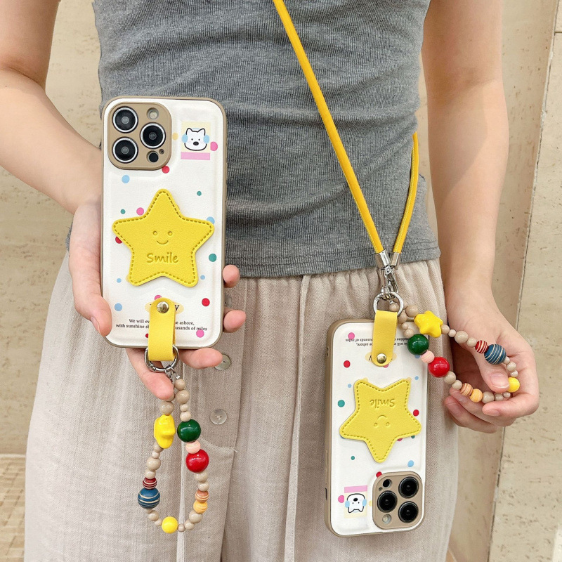 Leather Texture Colorful Polka Dot Star Phone Case for iPhone 17/16 Pro Crossbody Protective Cover iPhone 15/14