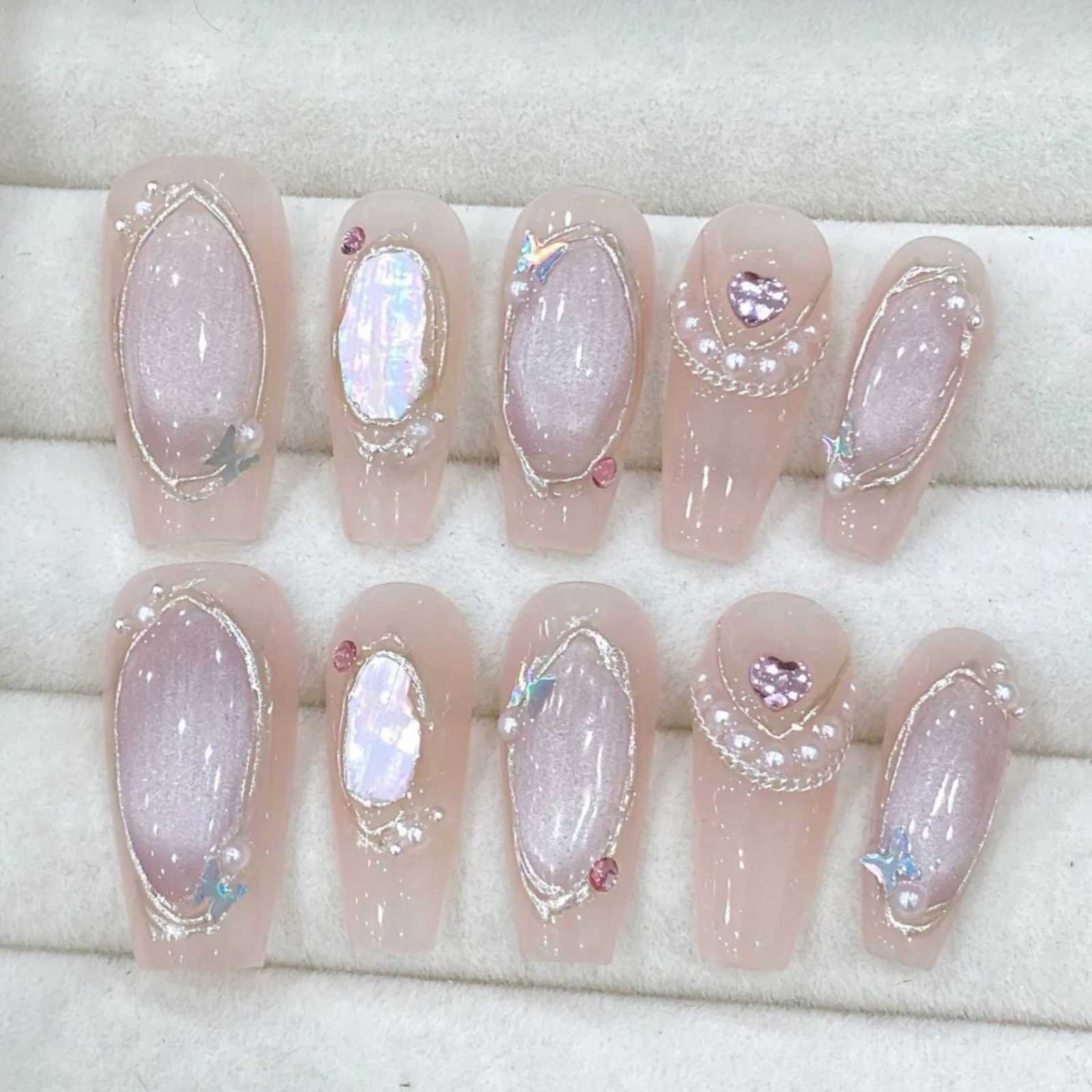 10pcs White Handmade Fake Nails Art Christmas Aurora Snowflakes Design Long Ballet False Nail Tips Diamond Coffin Press on NailsT251118T251119