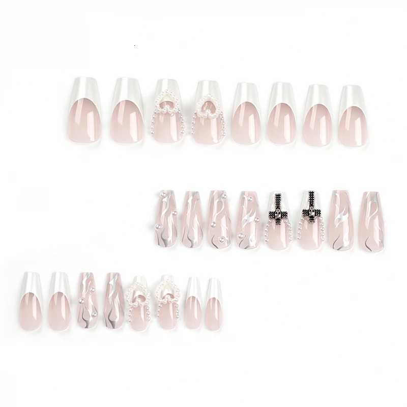 24Pcs Pearl heart Press on Nails Cross French Long Style Fake Nail for WomenGirl Removable Wearable Nail ArtT251118T251119