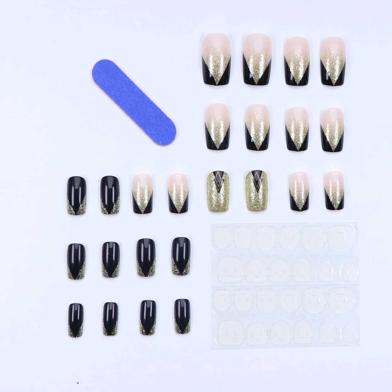 24PCS Square Medium Length Black Full Coverage Fake Nails With Gold Glitter Design French Nail Decoration For Women And GirlsT251118T251119