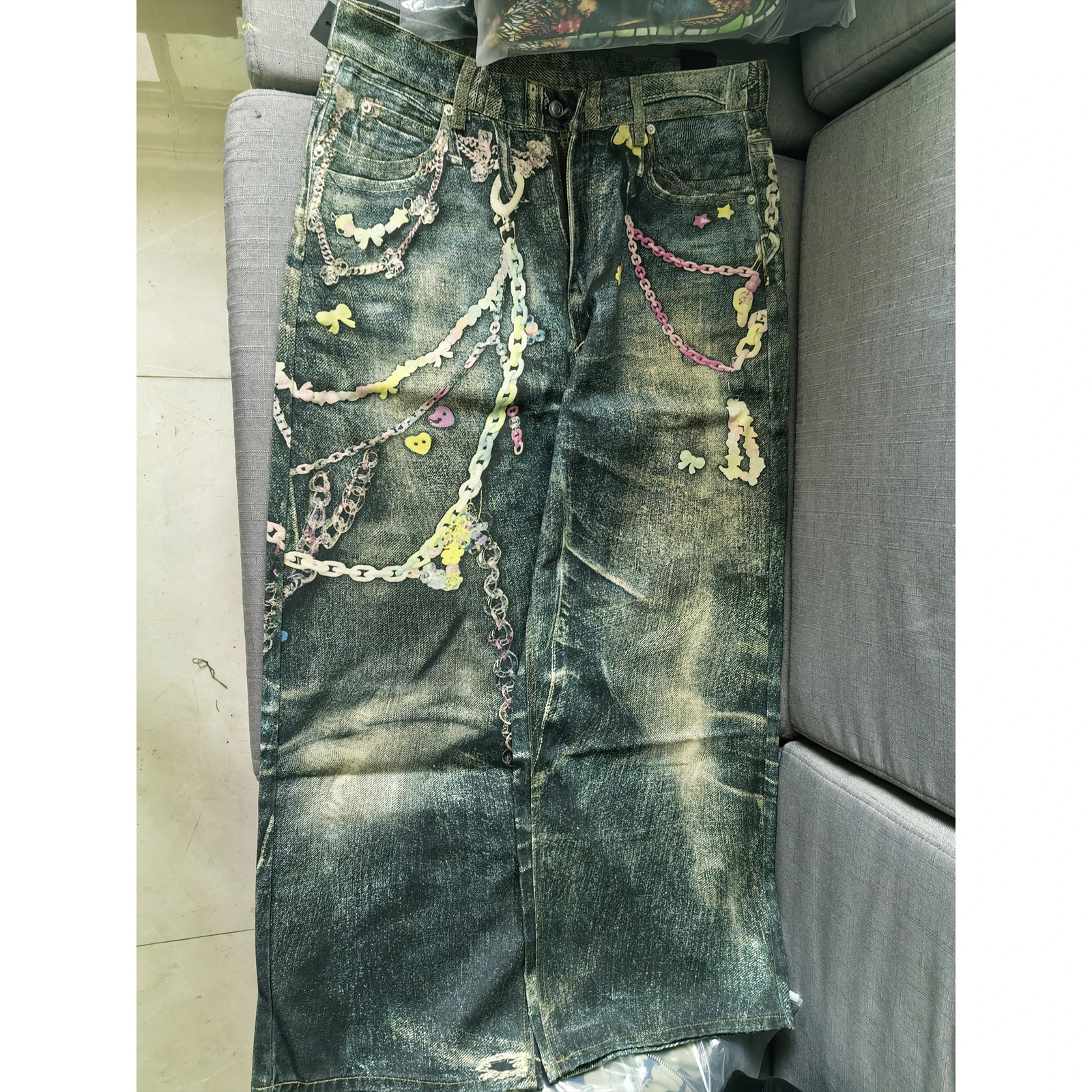 3D candy chain digital printing jeans curved knife bag denim Trouser ultrathin fit straight leg Y2k streetwear fashion retro 250418
