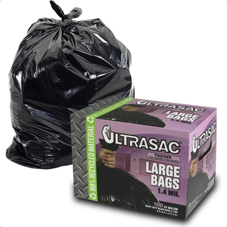 33 Gallon Trash Bags Huge 100 Pack w Ties 39 x 33 Heavy Duty Large Profional Quty Black Garbage Bags Extra Strong Plastic Tr C251119